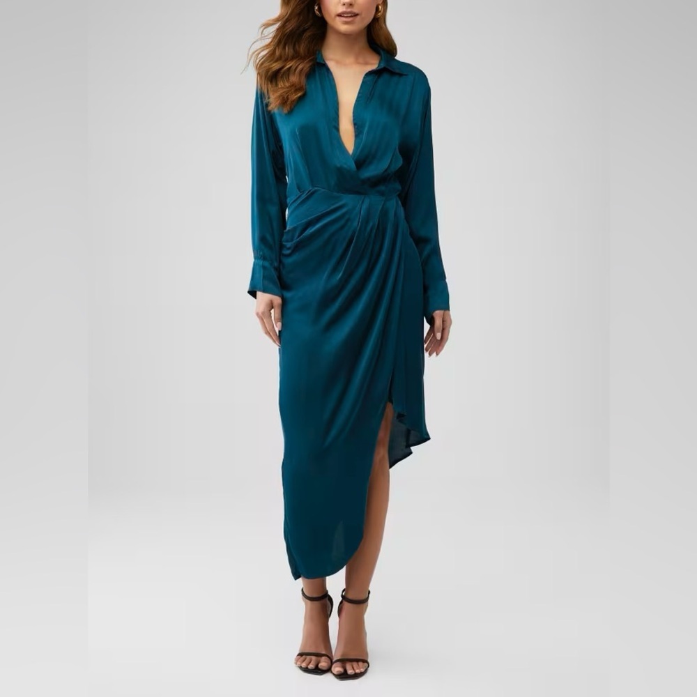 YFB Aimee shirt dress Deep Teal Asymmetric Hem Ruched Satin Faux Wrap
